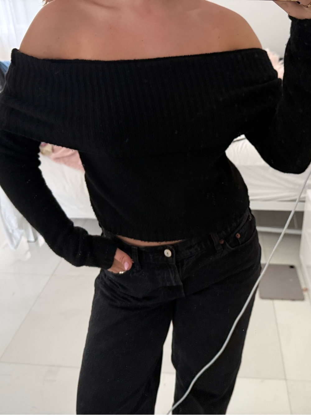 silence + noise Off-the-Shoulder Black Ribbed Sweater